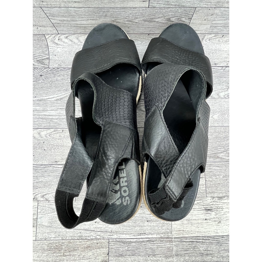 Sorel Joanie II Hi Slingback Wedge Sandals Black Leather Espadrille Women Sz 10 - Picture 9 of 11